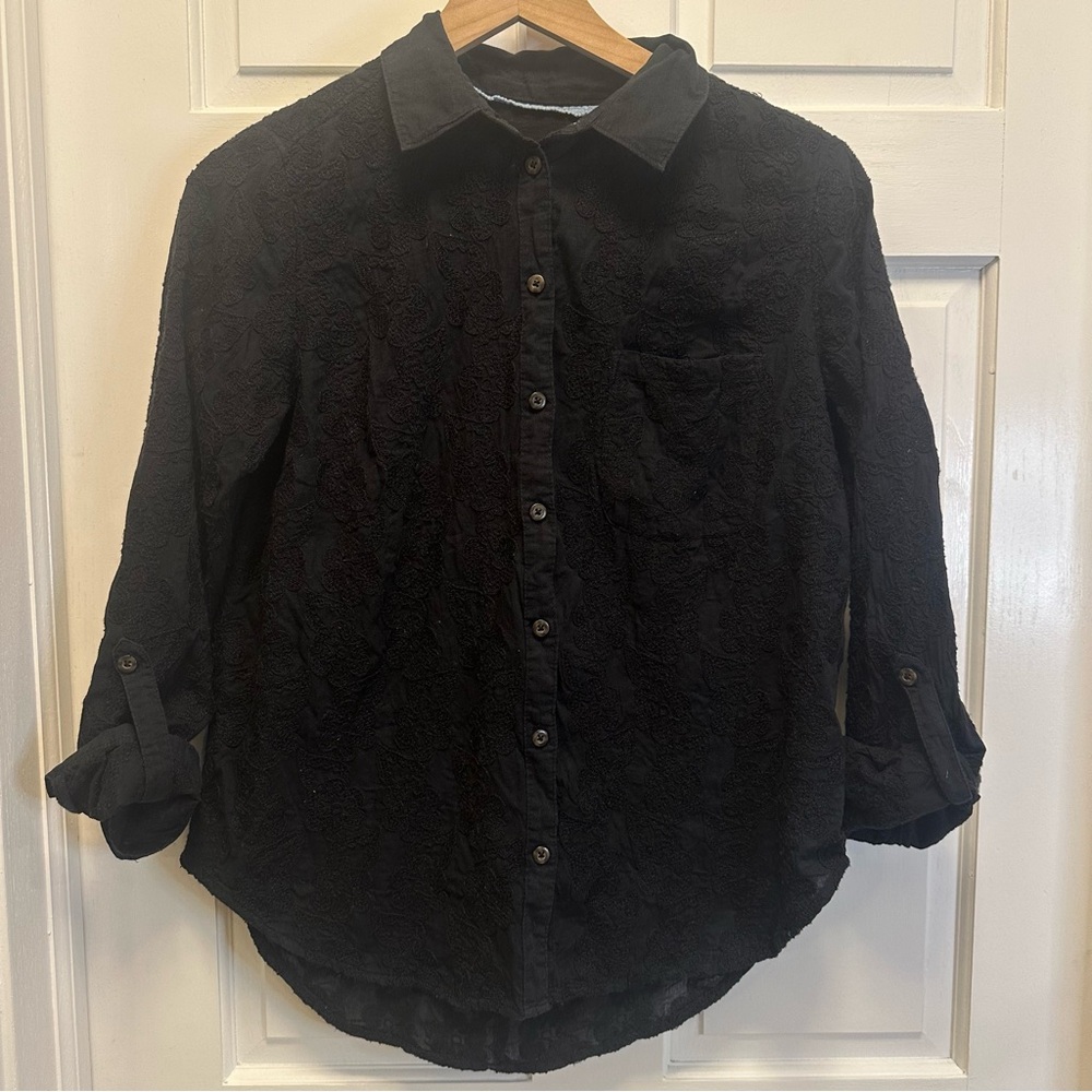 Anthropologie Maeve Button Down  Black Textured Blouse Size‎ 6